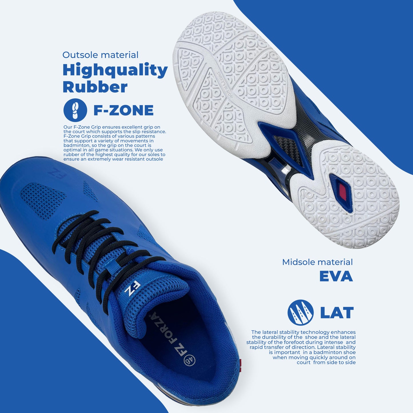 FZ Forza Vigorous shoes, blue badminton shoes, medium fit sports shoes, durable rubber sole shoes, lace-up court sneakers, training badminton shoes, athletic footwear for players
