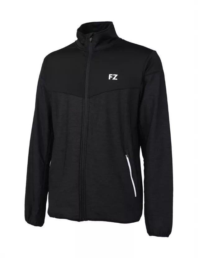 men’s black badminton jacket, FZ Forza Bradford jacket for men, shop men’s sports jacket black, breathable men’s badminton jacket, anti-shrink black jacket, Dry forze men’s court jacket, athletic fit black jacket, men’s polyester badminton jacket