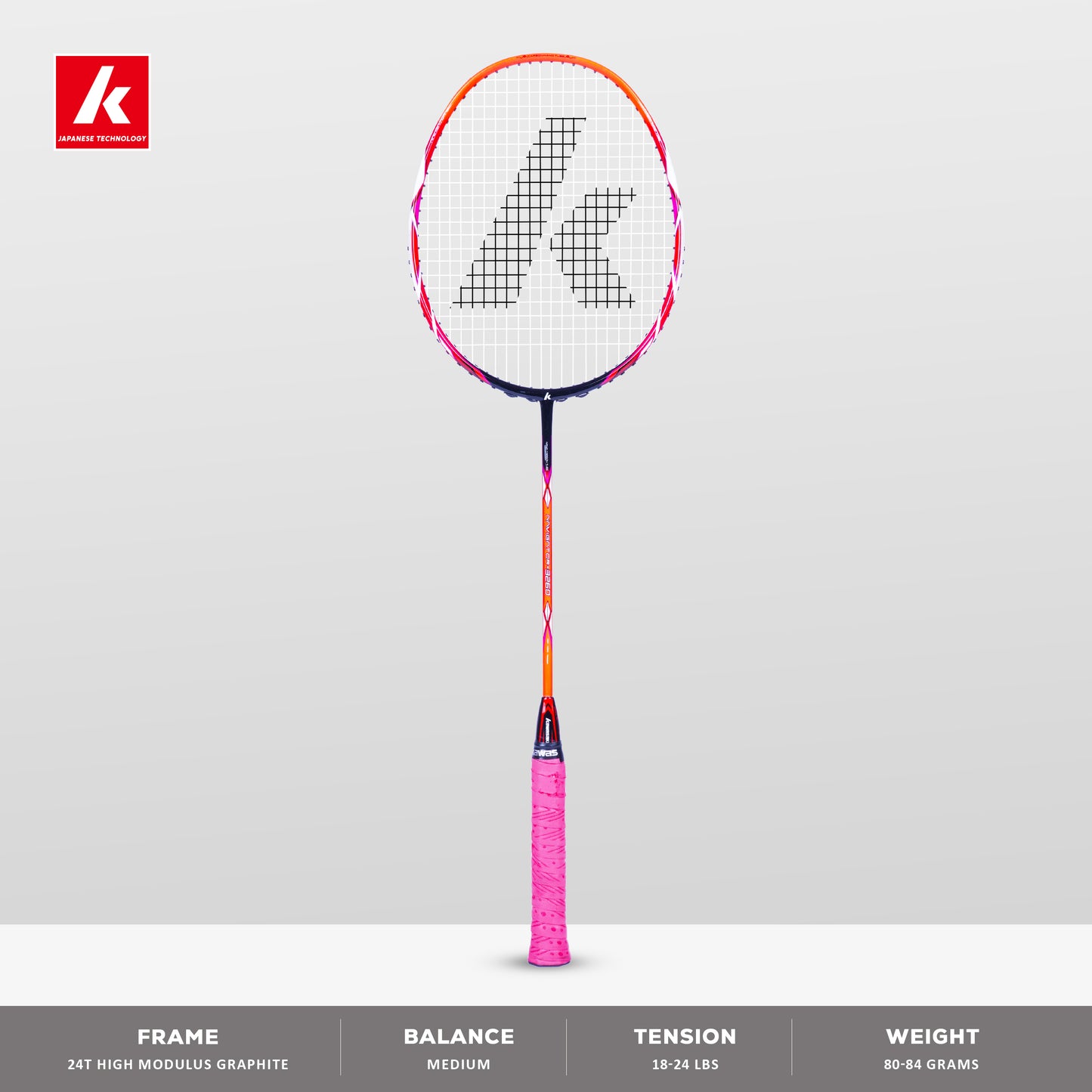 kawasaki navigator 3260, medium flex badminton racket, graphite racket for advanced players, 3U racket weight, 18–24 lbs tension, kawasaki badminton bat, 24T graphite frame, badminton training racket, racket for consistent play, navigator series, badminton equipment, kawasaki g1 racket, badminton racket india, high quality racket, tournament play racket, graphite frame badminton, control play racket, kawasaki gear india, durable racket frame, intermediate badminton players