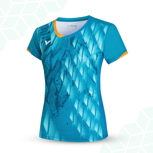 women’s badminton t-shirt, slim fit sports shirt, azure blue badminton tee, black and white sportswear, perfect dry women’s t-shirt, breathable polyester clothing, ergonomic badminton shirt, stylish women’s courtwear, quick-dry ladies sports t-shirt, high-performance activewear, female athlete clothing, racket sports apparel for women, moisture-wicking shirt, fashion-forward badminton shirt, victor women’s sports top