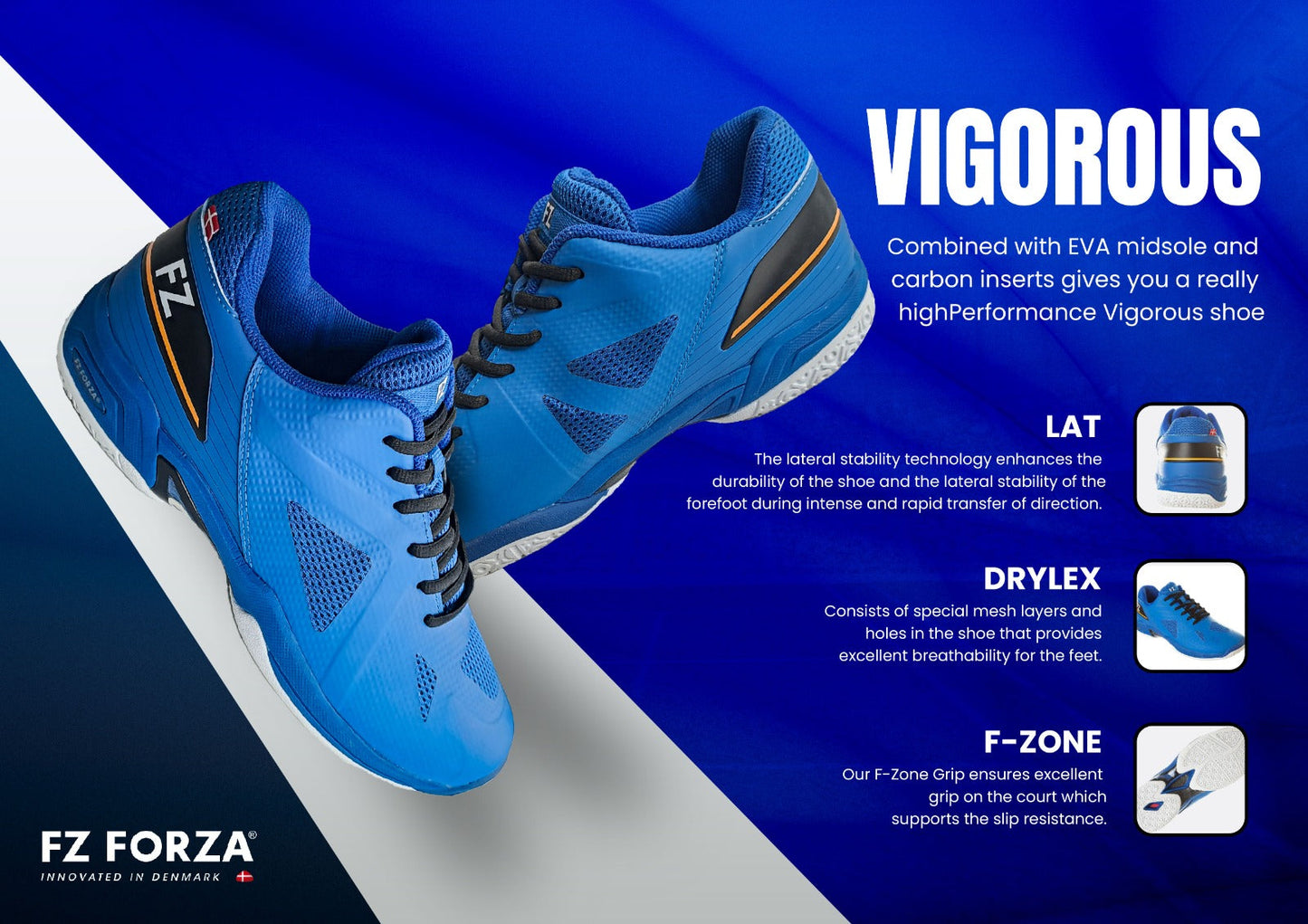 FZ Forza Vigorous shoes, blue badminton shoes, medium fit sports shoes, durable rubber sole shoes, lace-up court sneakers, training badminton shoes, athletic footwear for players