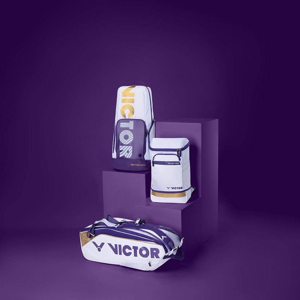 BR 3825 TTY AJ backpack, badminton sports bag, racket storage backpack, shoe compartment, double shoulder straps, water bottle pockets, accessory pouches, polyester PU material, bright white and purple, durable sports backpack, ergonomic design, tournament bag, multi-compartment bag, breathable back panel, sports gear bag