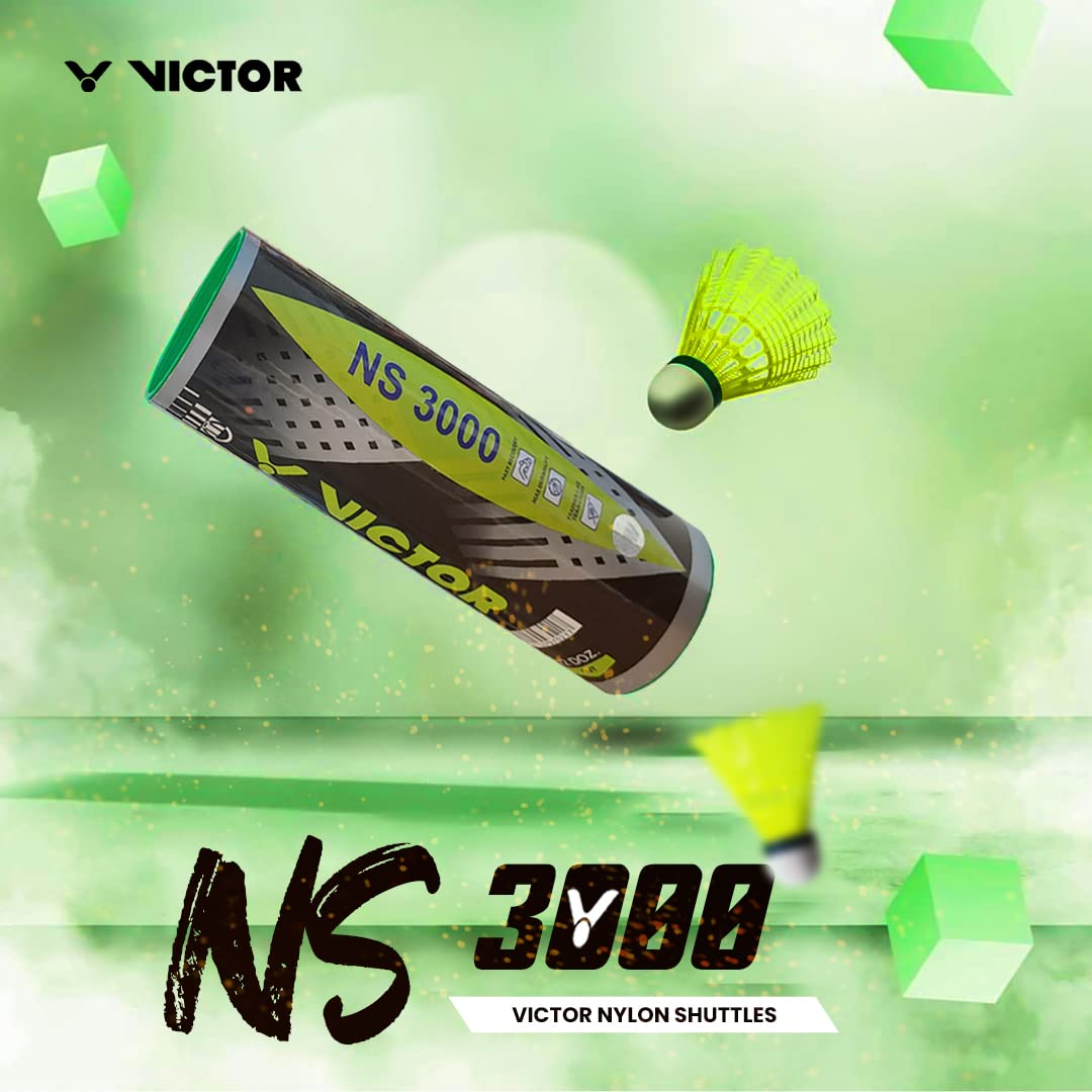 nylon shuttlecock, Victor NS3000, full cork head, slow speed shuttle, indoor training shuttle, durable shuttlecock, pack of 6 shuttles, stable flight shuttlecock, slow speed (75), badminton shuttle, synthetical skirt, yellow nylon shuttlecock, white nylon shuttlecock, practice shuttlecock, affordable badminton gear