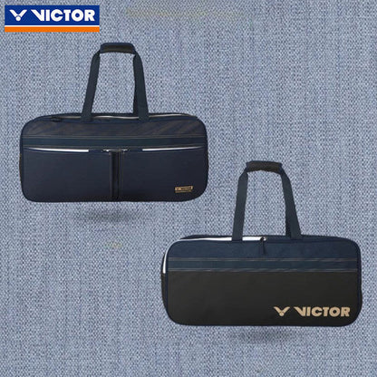 denim style rectangular bag, Victor BR5619, PU leather accents, large kit carrier, racket & shoe compartments, stylish rectangular badminton bag, deep sea blue / anthracite colors, accessory front pocket, structured gear bag, durable polyester, travel ready, professional style, court gear carrier, spacious layout, organised transport bag