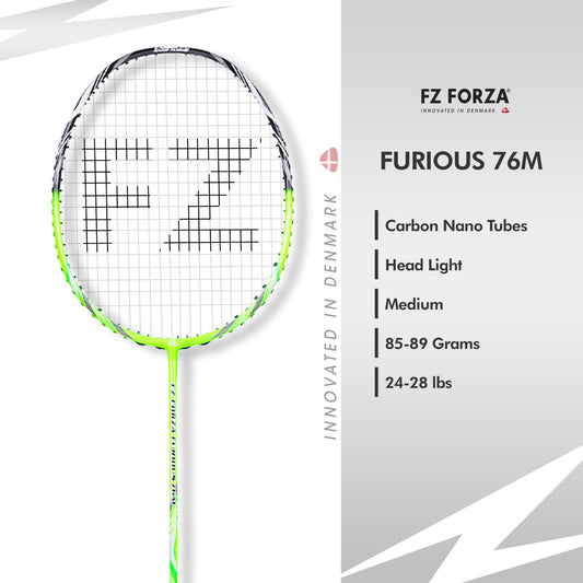 FZ Forza Furious 76 M, Furious 76 M badminton racket, strung racket 3U G5, beginner badminton racket, head light balance racket, medium flex racket, graphite badminton racket, carbon nanotube frame, ultra high modulus graphite shaft, racket for new players, Forza Furious series, 24-28 lbs string tension, badminton racket for control, Forza lightweight racket, shop Furious 76 M online, Forza training gear, badminton racket India, buy beginner racket, racket for accuracy and handling