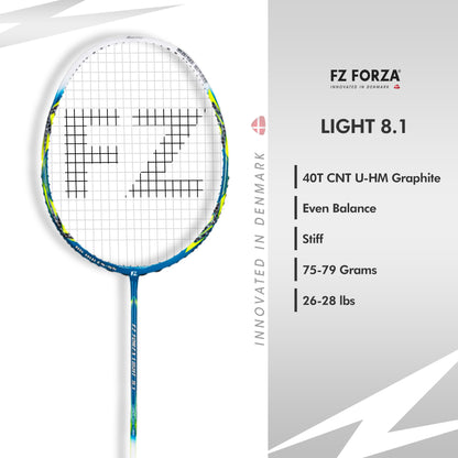 FZ Forza Light 8.1, Light 8.1 badminton racket, strung 5U G5 racket, intermediate badminton racket, lightweight racket for control, FZ Forza graphite racket, badminton racket for speed, Forza Light series, precision racket for players, durable badminton racket, get Light 8.1 now, FZ Forza India gear, badminton racket buy