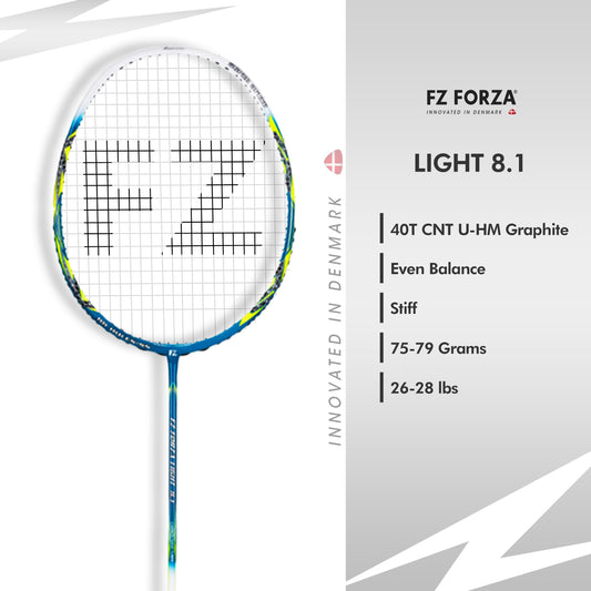 FZ Forza Light 8.1, Light 8.1 badminton racket, strung 5U G5 racket, intermediate badminton racket, lightweight racket for control, FZ Forza graphite racket, badminton racket for speed, Forza Light series, precision racket for players, durable badminton racket, get Light 8.1 now, FZ Forza India gear, badminton racket buy