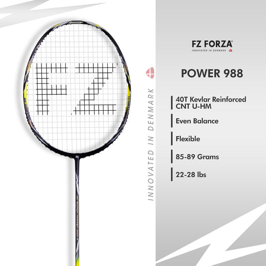 FZ Forza Power 988 Flexible, Power 988 flex racket, strung badminton racket 3U G5, FZ Forza advanced racket, badminton racket for pros, flexible shaft badminton racket, Forza Power series, get Power 988 now, racket for powerful smash, graphite frame badminton gear, control and flexibility racket