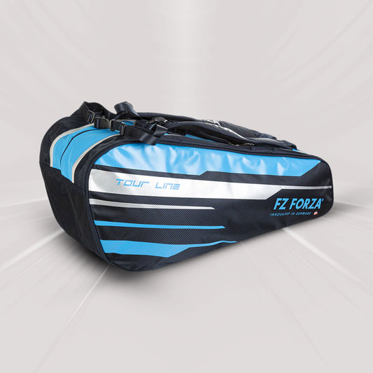FZ Forza Tour kitbag, blue lavendula racket bag, 3 compartment sports bag, spacious badminton kitbag, gear storage bag, stylish blue sports kitbag, training and travel racket bag, large capacity FZ Forza bag