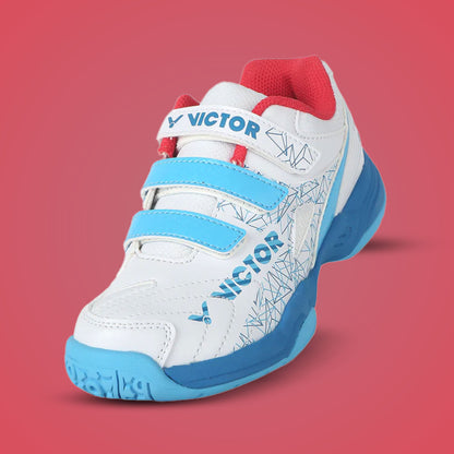 Victor junior sneakers, A170JR AB model, breathable sports shoes for kids, badminton youth shoes, cushioned EVA sole, mesh upper design, PU synthetic leather shoes, indoor court sneakers, lace-up kids footwear, lightweight junior shoes, kids training shoes, ankle support badminton shoes, Victor junior collection, durable court shoes, athletic kids shoes