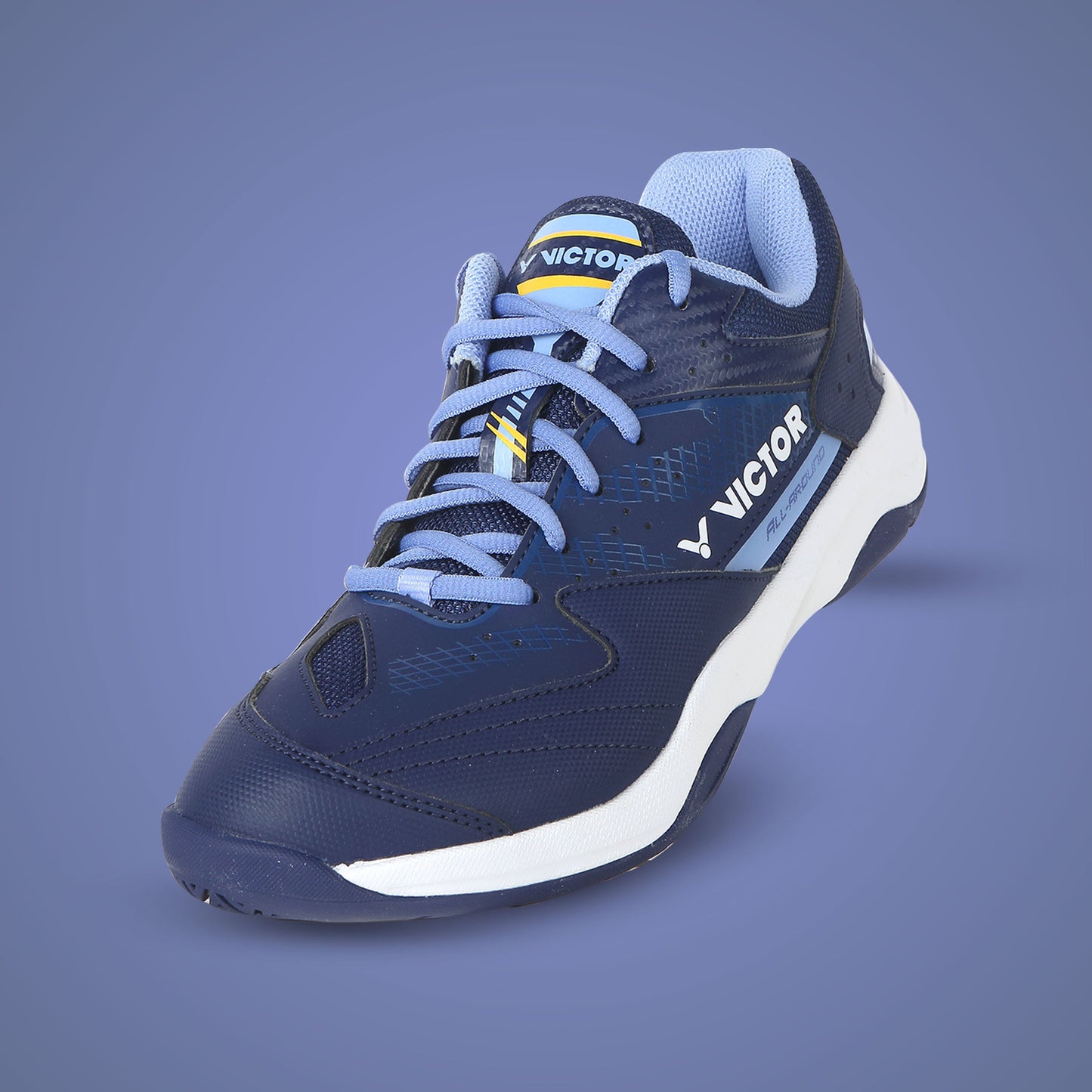 Victor A301 shoes, all-around badminton footwear, Energymax cushioning shoes, U-Shape 3.0 shoes, breathable sports sneakers, court shoes for intermediate players, rubber sole grip, PU synthetic upper, nylon stabilizer shoes, badminton movement control, indoor performance shoes, lace-up sports sneakers, shock-absorbing sole, durable training footwear, Victor badminton gear