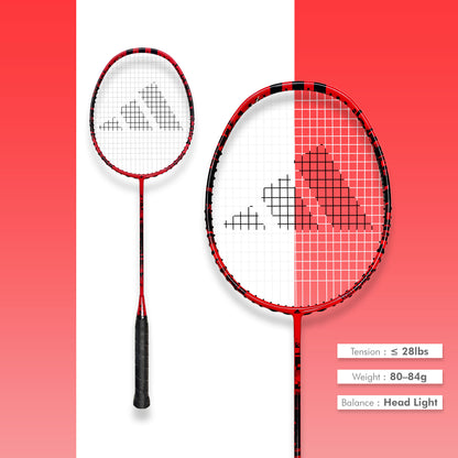 Buy Adidas Spieler E08.1 Schock badminton racket, 4U G5, head light, SMART carbon frame, forged carbon shaft, 28 lbs string tension, medium flex, durable Adidas racket for beginners, badminton gear India, Adidas E08.1 Schock, professional badminton racket, Adidas badminton equipment, best Adidas racket