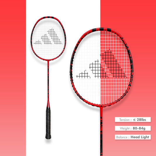 Buy Adidas Spieler E08.1 Schock badminton racket, 4U G5, head light, SMART carbon frame, forged carbon shaft, 28 lbs string tension, medium flex, durable Adidas racket for beginners, badminton gear India, Adidas E08.1 Schock, professional badminton racket, Adidas badminton equipment, best Adidas racket