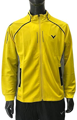 bright yellow badminton jacket, Victor performance jacket, Perfect Dry technology, antistatic sports jacket, breathable warm jacket, lightweight badminton coat, moisture control jacket, cold-weather sportswear, tournament jacket, flexible sportswear, wind-resistant jacket, thermal badminton jacket, athletic outerwear, durable sports jacket, moisture-wicking coat
