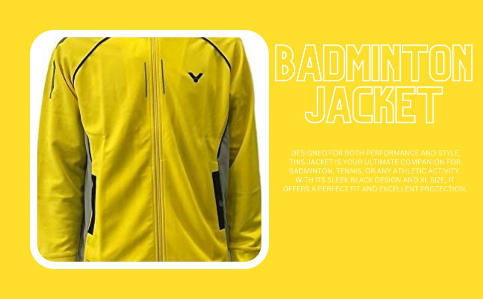 bright yellow badminton jacket, Victor performance jacket, Perfect Dry technology, antistatic sports jacket, breathable warm jacket, lightweight badminton coat, moisture control jacket, cold-weather sportswear, tournament jacket, flexible sportswear, wind-resistant jacket, thermal badminton jacket, athletic outerwear, durable sports jacket, moisture-wicking coat