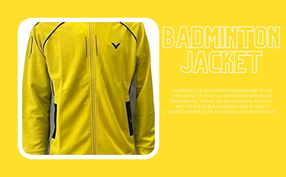 bright yellow badminton jacket, Victor performance jacket, Perfect Dry technology, antistatic sports jacket, breathable warm jacket, lightweight badminton coat, moisture control jacket, cold-weather sportswear, tournament jacket, flexible sportswear, wind-resistant jacket, thermal badminton jacket, athletic outerwear, durable sports jacket, moisture-wicking coat