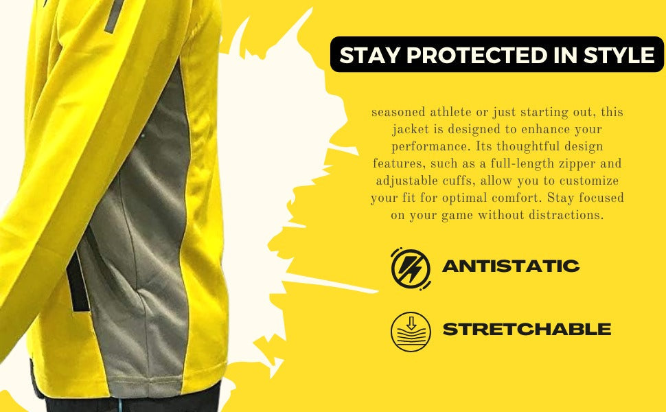bright yellow badminton jacket, Victor performance jacket, Perfect Dry technology, antistatic sports jacket, breathable warm jacket, lightweight badminton coat, moisture control jacket, cold-weather sportswear, tournament jacket, flexible sportswear, wind-resistant jacket, thermal badminton jacket, athletic outerwear, durable sports jacket, moisture-wicking coat