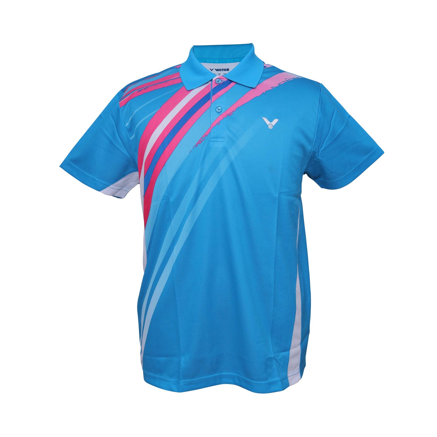 polo badminton t-shirt, Victor polo shirt, Perfect Dry fabric, pink and blue shirt, breathable polyester tee, moisture-wicking sportswear, women's polo shirt, training badminton top, comfortable sportswear, quick-dry polo tee, tournament shirt, flexible sportswear, Victor courtwear, breathable athletic polo, classic sports shirt, lightweight performance tee