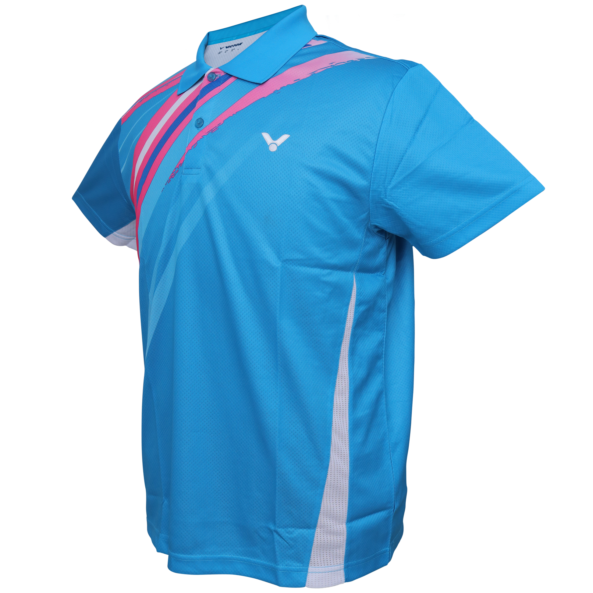 polo badminton t-shirt, Victor polo shirt, Perfect Dry fabric, pink and blue shirt, breathable polyester tee, moisture-wicking sportswear, women's polo shirt, training badminton top, comfortable sportswear, quick-dry polo tee, tournament shirt, flexible sportswear, Victor courtwear, breathable athletic polo, classic sports shirt, lightweight performance tee
