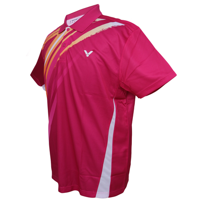 polo badminton t-shirt, Victor polo shirt, Perfect Dry fabric, pink and blue shirt, breathable polyester tee, moisture-wicking sportswear, women's polo shirt, training badminton top, comfortable sportswear, quick-dry polo tee, tournament shirt, flexible sportswear, Victor courtwear, breathable athletic polo, classic sports shirt, lightweight performance tee