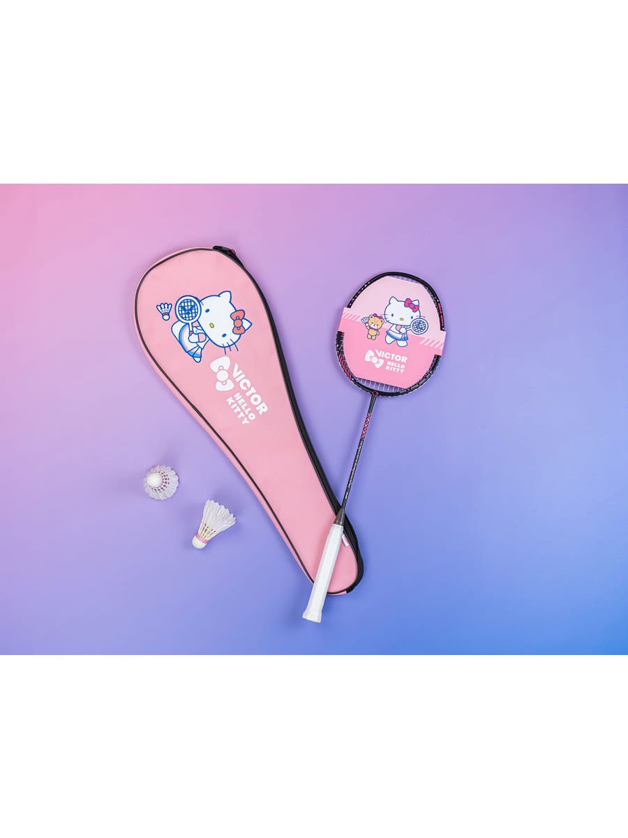 Victor Hello Kitty racket, Auraspeed ARS-KT, strung badminton racket, aluminum and graphite racket, cute racket for beginners, racket with bag included, G5 grip racket, entry-level badminton gear, playful design racket, durable training racket, racket for kids, Victor limited edition, fun badminton gear, colorful racket for starters, racket for young players