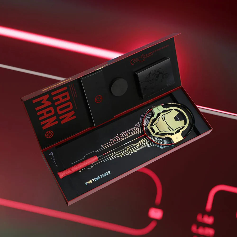 Victor Iron Man racket, limited edition badminton racket, Victor Auraspeed Iron Man, Marvel edition badminton gear, Victor 4U G5 racket, even balance racket, high resilience graphite racket, nano resin racket, medium flex badminton racket, Iron Red badminton racket, badminton racket for pros, Victor limited edition, Iron Man sports gear, professional badminton equipment, Victor Iron Man edition 