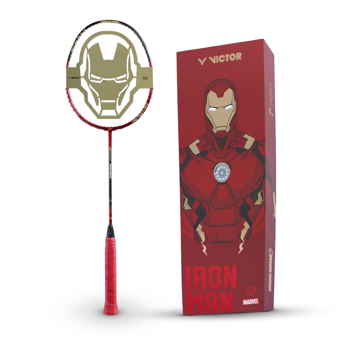 Victor Iron Man racket, limited edition badminton racket, Victor Auraspeed Iron Man, Marvel edition badminton gear, Victor 4U G5 racket, even balance racket, high resilience graphite racket, nano resin racket, medium flex badminton racket, Iron Red badminton racket, badminton racket for pros, Victor limited edition, Iron Man sports gear, professional badminton equipment, Victor Iron Man edition