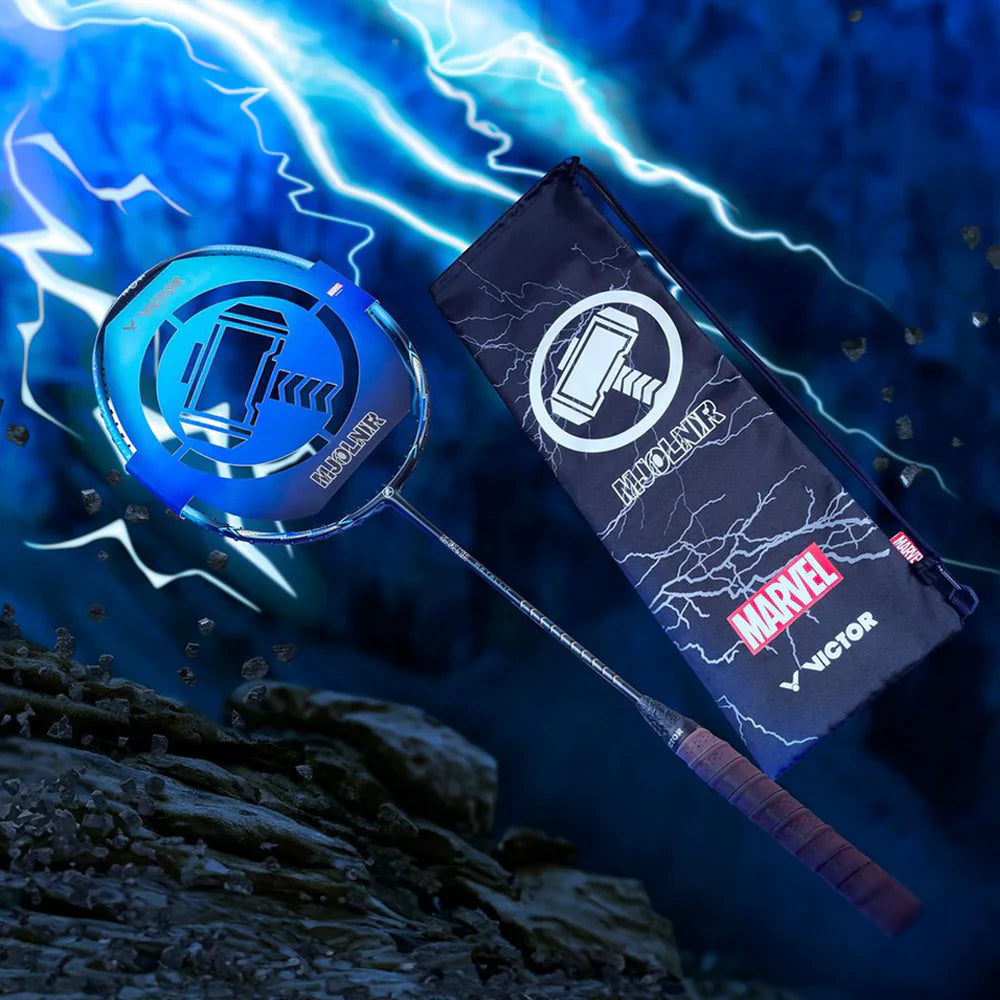 Victor X THOR Auraspeed racket, limited edition badminton racket, head heavy balance, medium stiff racket, high resilience graphite, metallic carbon fiber, hard cored technology, lightweight 4U racket, tournament badminton racket, professional badminton gear, advanced racket technology, fast power shots, durable racket, competitive sports equipment, graphite shaft