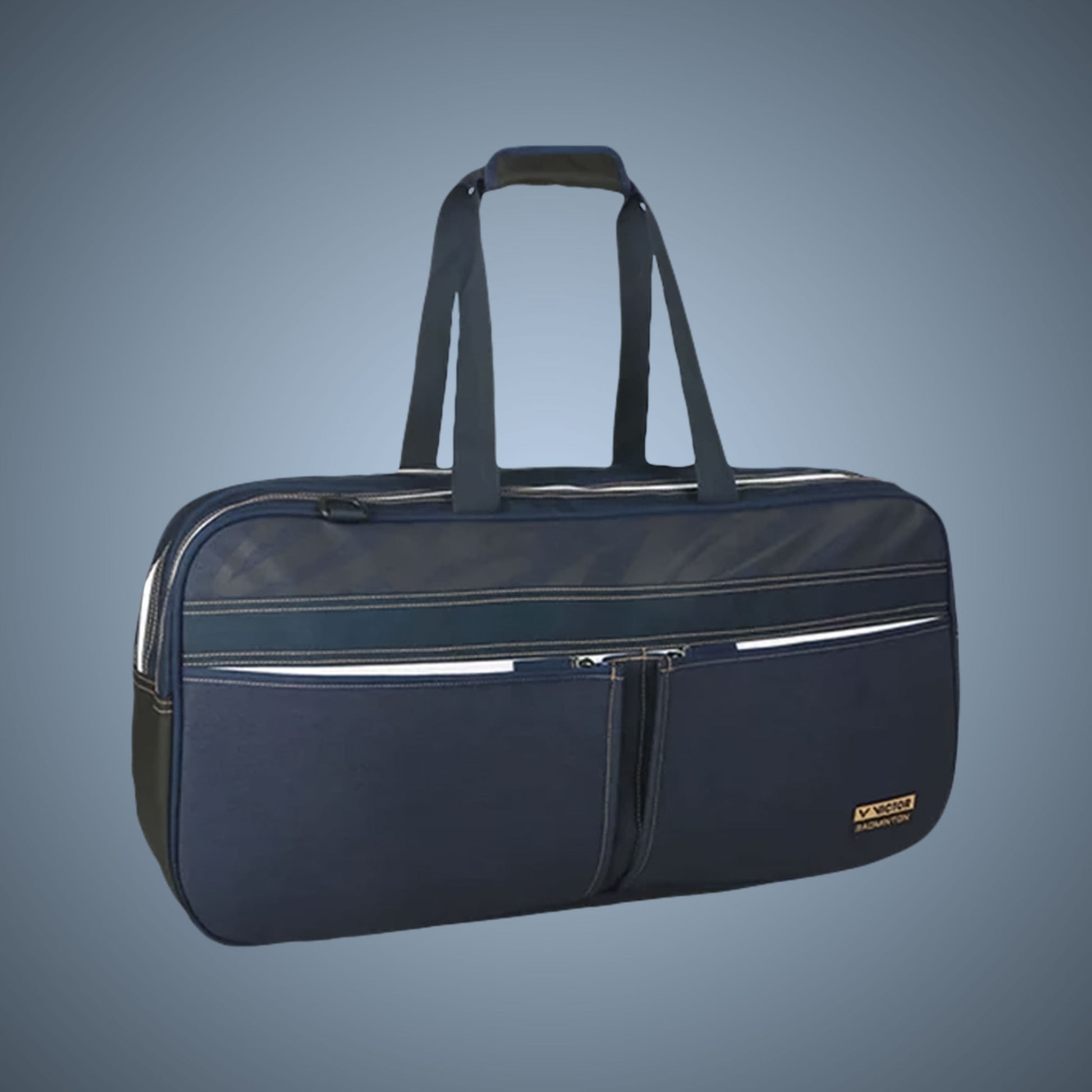 denim style rectangular bag, Victor BR5619, PU leather accents, large kit carrier, racket & shoe compartments, stylish rectangular badminton bag, deep sea blue / anthracite colors, accessory front pocket, structured gear bag, durable polyester, travel ready, professional style, court gear carrier, spacious layout, organised transport bag