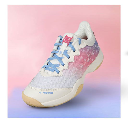 Hello Kitty badminton shoes, Victor KT-JR L, junior girls sneakers, breathable mesh footwear, EVA sole support, PU synthetic upper, kids badminton shoes, pink sports shoes, stylish badminton gear, lace-up junior trainers, energy return cushioning, non-slip court shoes, cute kids footwear, Hello Kitty collection shoes, badminton shoes for girls