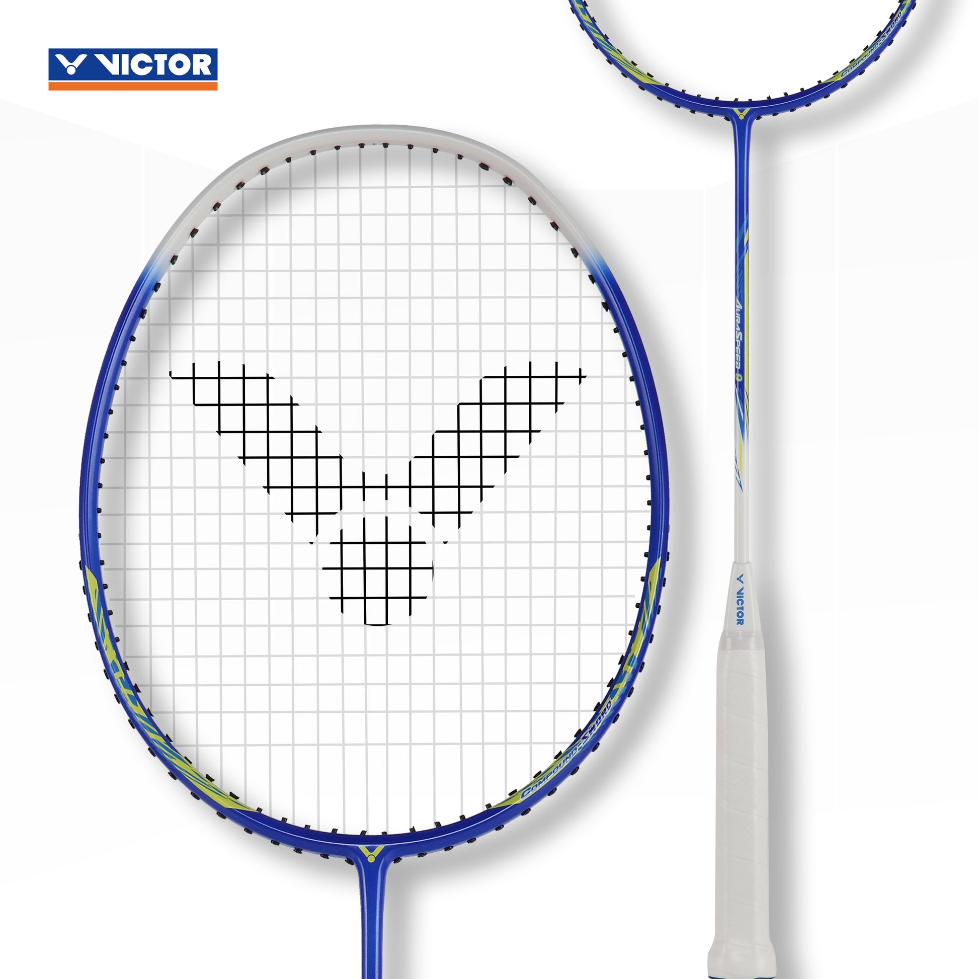 Victor Aura Speed 9 Blue, blue edition badminton racket, lightweight Victor racket, AuraSpeed series racket, graphite + resin build, responsive shaft badminton racket, badminton for speed control, strung 4U G5 Victor, badminton racket with 6.8 shaft, stylish badminton gear, Victor racket for power shots, club level badminton racket, high swing speed racket, durable play racket, Victor racket blue design