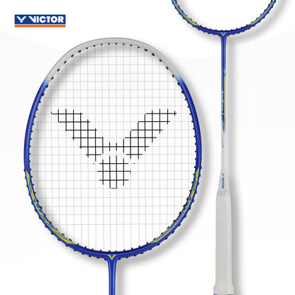 Victor Aura Speed 9 Blue, blue edition badminton racket, lightweight Victor racket, AuraSpeed series racket, graphite + resin build, responsive shaft badminton racket, badminton for speed control, strung 4U G5 Victor, badminton racket with 6.8 shaft, stylish badminton gear, Victor racket for power shots, club level badminton racket, high swing speed racket, durable play racket, Victor racket blue design