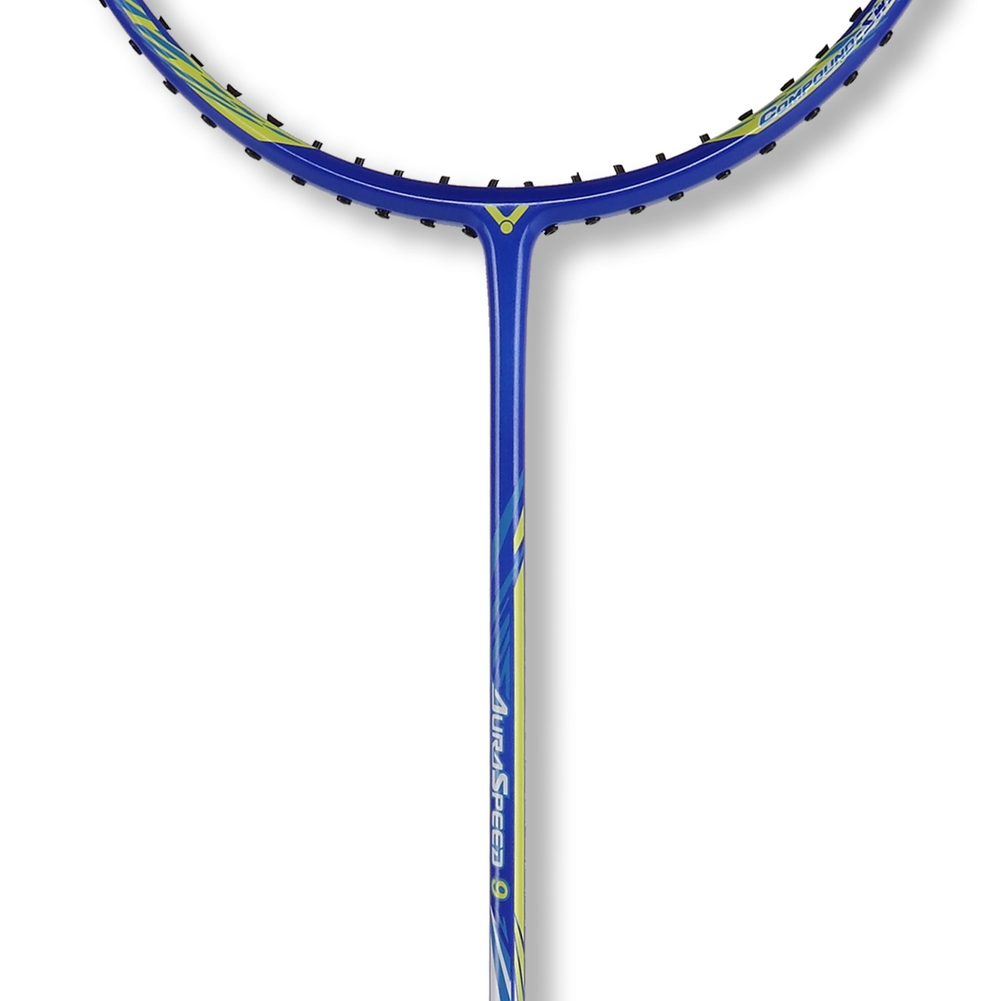 Victor Aura Speed 9 Blue, blue edition badminton racket, lightweight Victor racket, AuraSpeed series racket, graphite + resin build, responsive shaft badminton racket, badminton for speed control, strung 4U G5 Victor, badminton racket with 6.8 shaft, stylish badminton gear, Victor racket for power shots, club level badminton racket, high swing speed racket, durable play racket, Victor racket blue design