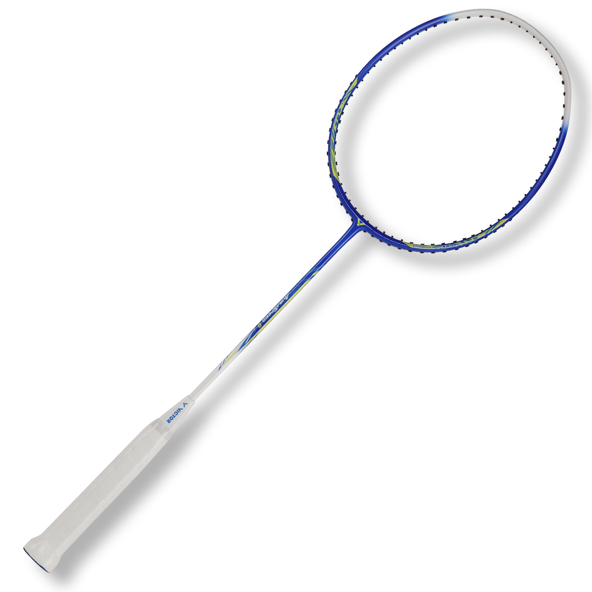 Victor Aura Speed 9 Blue, blue edition badminton racket, lightweight Victor racket, AuraSpeed series racket, graphite + resin build, responsive shaft badminton racket, badminton for speed control, strung 4U G5 Victor, badminton racket with 6.8 shaft, stylish badminton gear, Victor racket for power shots, club level badminton racket, high swing speed racket, durable play racket, Victor racket blue design