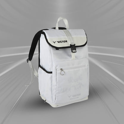 badminton backpack, Victor BR5014 L, laptop compartment bag, racket & shoe backpack, lunar white backpack, multi‑compartment sports bag, durable PU + polyester, travel badminton bag, accessory front pouch, ergonomic shoulder straps, court gear backpack, premium badminton bag, lightweight sports backpack, protection for shoes & rackets, stylish travel bag