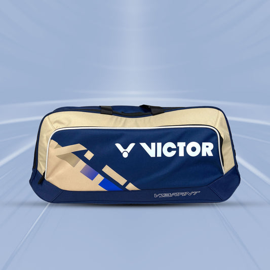 badminton kit bag, Victor BR5615, rectangular gear bag, racket compartment bag, insulated kit bag, shoe compartment, accessory pouch, Poseidon blue kit bag, pale khaki accents, large badminton bag, travel racket bag, professional kit bag, durable polyester bag, heat insulation for rackets, organised equipment bag