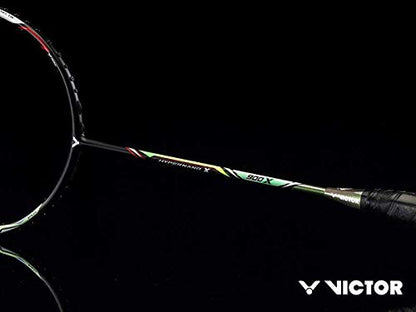 Victor Hypernano 900X, unstrung badminton racket, stiff flex racket, Nano Fortify TR, Hard Cored Technology, 3U/4U options, attacking style racket, PYROFIL shaft, advanced player racket, precision smasher racket, speed and strength balance, high-level tournament racket, graphite tech frame, Victor elite series, badminton racket for power