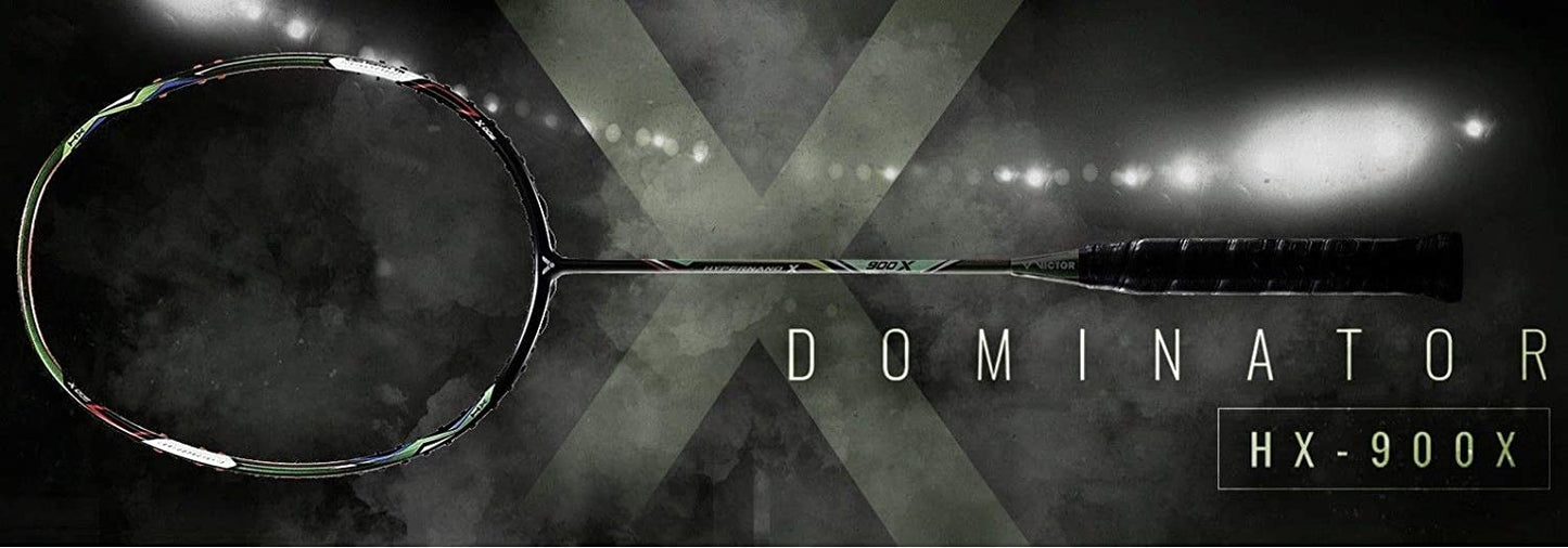 Victor Hypernano 900X, unstrung badminton racket, stiff flex racket, Nano Fortify TR, Hard Cored Technology, 3U/4U options, attacking style racket, PYROFIL shaft, advanced player racket, precision smasher racket, speed and strength balance, high-level tournament racket, graphite tech frame, Victor elite series, badminton racket for power
