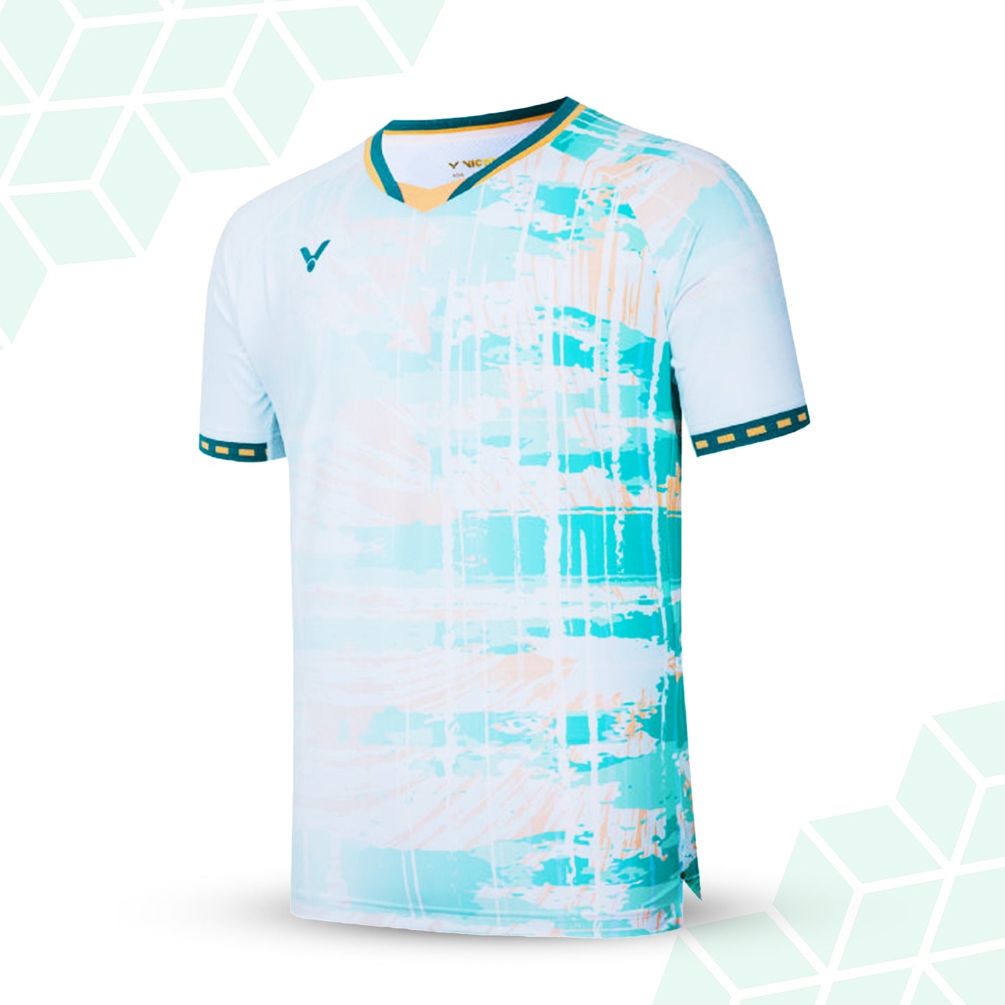 unisex badminton t-shirt, eco-friendly badminton apparel, recycled polyester t-shirt, spandex blend sports shirt, dark blue and green t-shirt, breathable badminton clothing, victor unisex sportswear, moisture-wicking badminton tee, professional badminton shirt, sustainable activewear, performance t-shirt for badminton, lightweight sports t-shirt, quick-dry badminton clothing, eco performance wear, victor badminton top