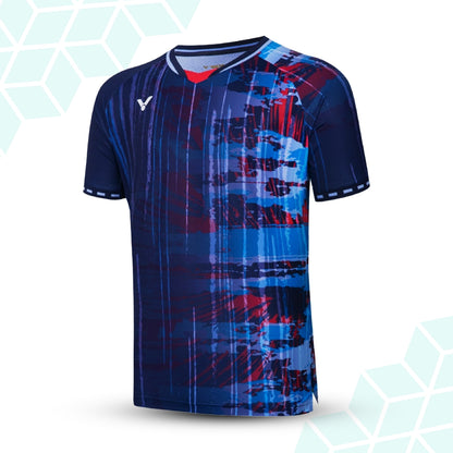 unisex badminton t-shirt, eco-friendly badminton apparel, recycled polyester t-shirt, spandex blend sports shirt, dark blue and green t-shirt, breathable badminton clothing, victor unisex sportswear, moisture-wicking badminton tee, professional badminton shirt, sustainable activewear, performance t-shirt for badminton, lightweight sports t-shirt, quick-dry badminton clothing, eco performance wear, victor badminton top