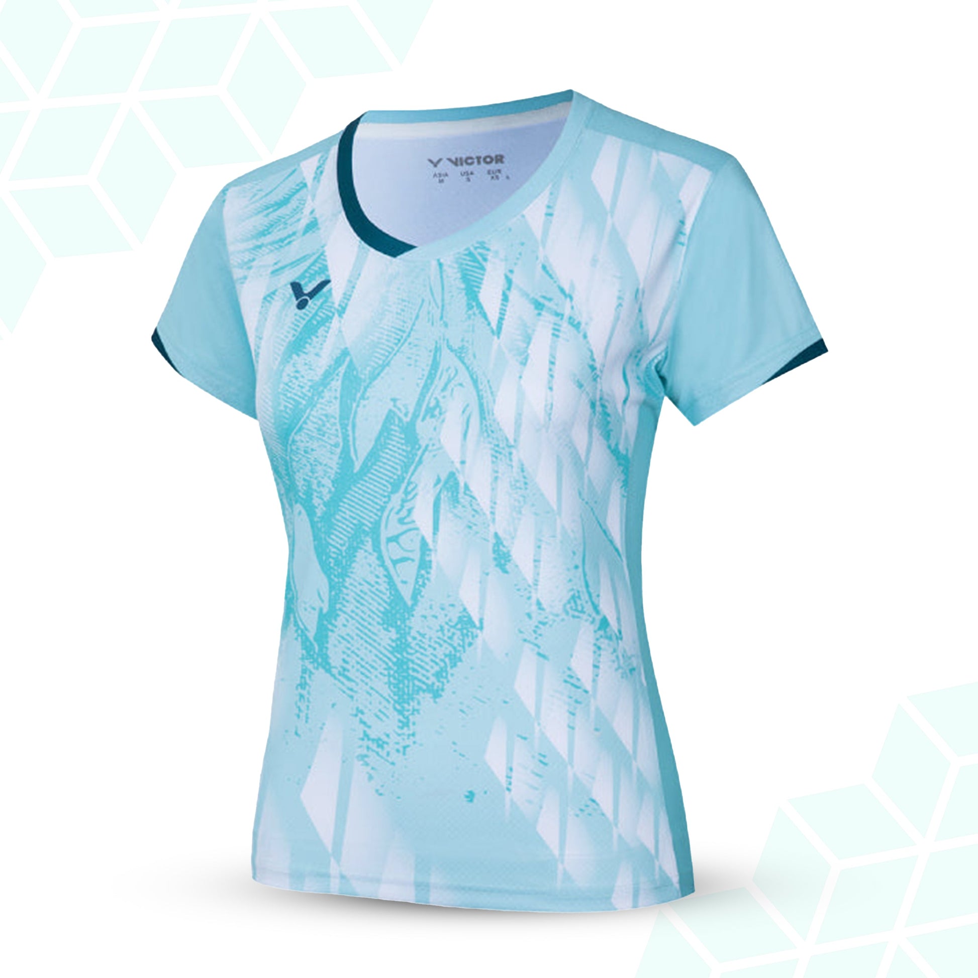 women’s badminton t-shirt, slim fit sports shirt, azure blue badminton tee, black and white sportswear, perfect dry women’s t-shirt, breathable polyester clothing, ergonomic badminton shirt, stylish women’s courtwear, quick-dry ladies sports t-shirt, high-performance activewear, female athlete clothing, racket sports apparel for women, moisture-wicking shirt, fashion-forward badminton shirt, victor women’s sports top