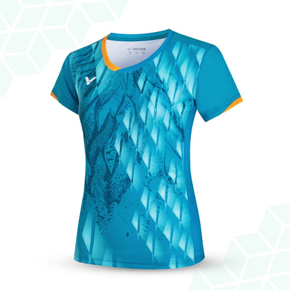 women’s badminton t-shirt, slim fit sports shirt, azure blue badminton tee, black and white sportswear, perfect dry women’s t-shirt, breathable polyester clothing, ergonomic badminton shirt, stylish women’s courtwear, quick-dry ladies sports t-shirt, high-performance activewear, female athlete clothing, racket sports apparel for women, moisture-wicking shirt, fashion-forward badminton shirt, victor women’s sports top