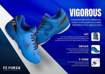 FZ Forza Vigorous shoes, blue badminton shoes, medium fit sports shoes, durable rubber sole shoes, lace-up court sneakers, training badminton shoes, athletic footwear for players
