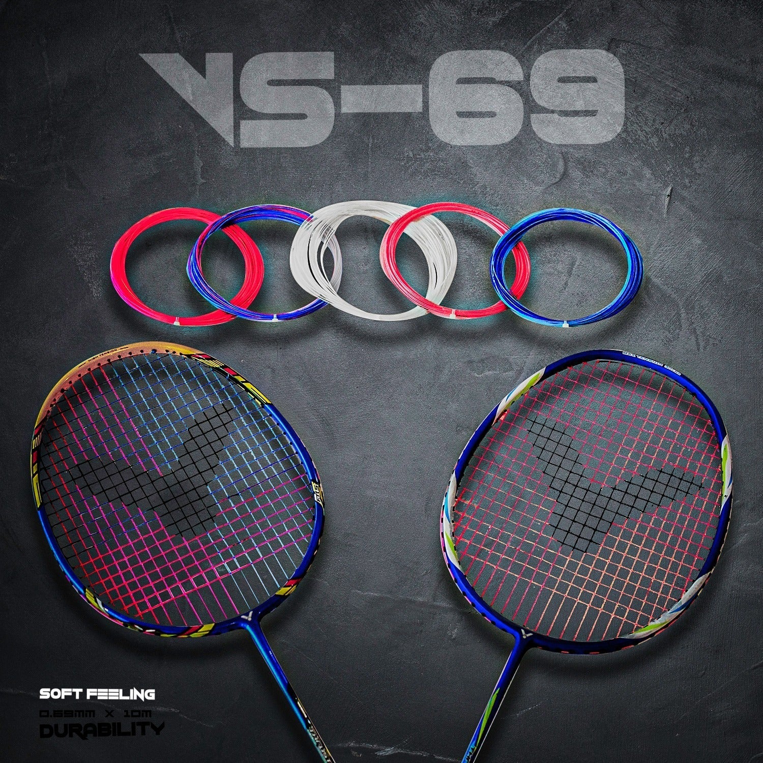 Victor VS-69 colorful string, navy and purple string set, red and orange badminton string, high control racket string, durable soft feel string, badminton strings for advanced players, multicolor racket string pack, high performance nylon string, 0.69mm badminton string, Victor badminton accessories, strong badminton string, racket upgrade string, pack of 2 Victor strings, sports string colors, professional badminton gear