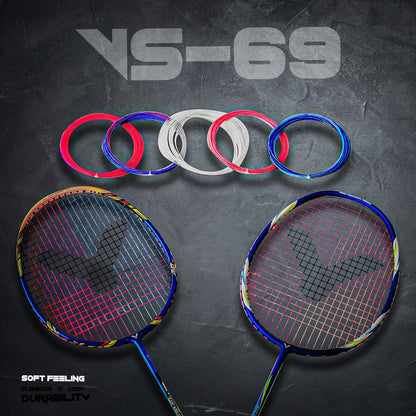 Victor VS-69 colorful string, navy and purple string set, red and orange badminton string, high control racket string, durable soft feel string, badminton strings for advanced players, multicolor racket string pack, high performance nylon string, 0.69mm badminton string, Victor badminton accessories, strong badminton string, racket upgrade string, pack of 2 Victor strings, sports string colors, professional badminton gear
