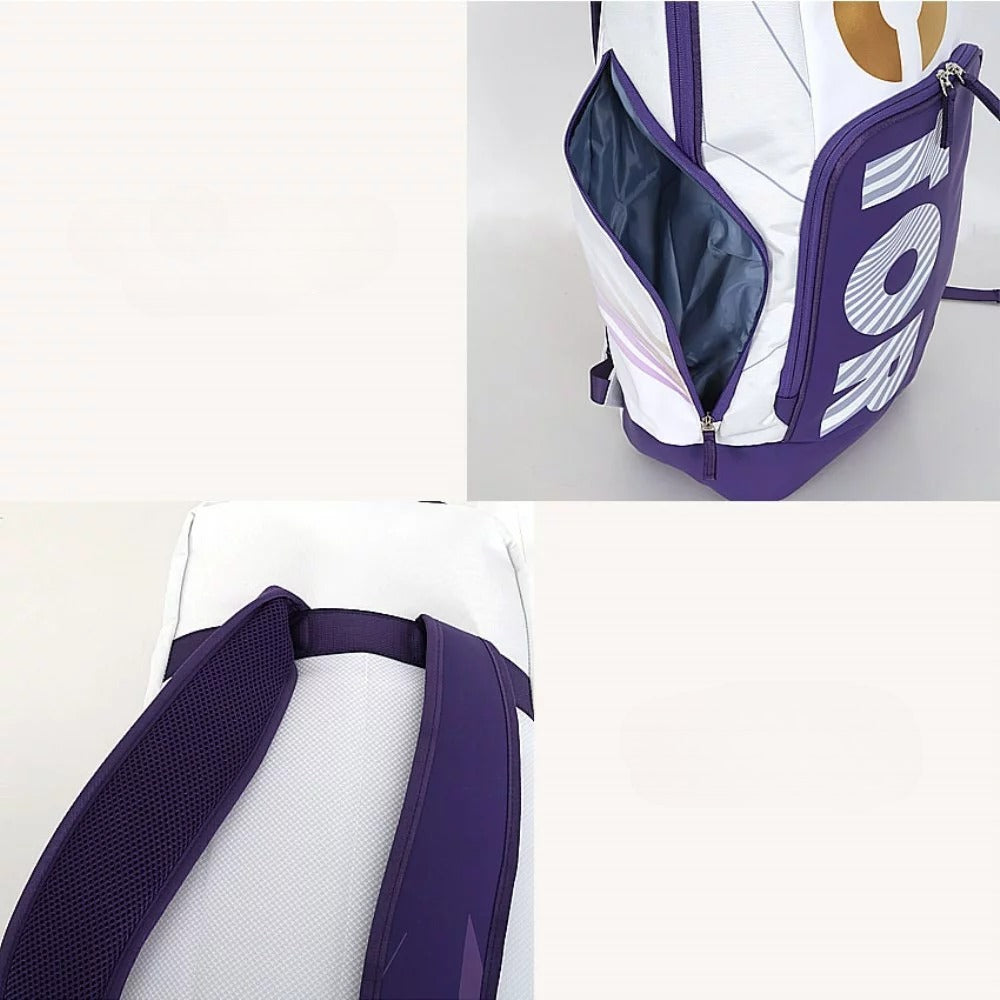BR 3825 TTY AJ backpack, badminton sports bag, racket storage backpack, shoe compartment, double shoulder straps, water bottle pockets, accessory pouches, polyester PU material, bright white and purple, durable sports backpack, ergonomic design, tournament bag, multi-compartment bag, breathable back panel, sports gear bag