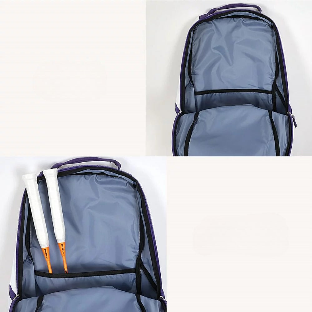 BR 3825 TTY AJ backpack, badminton sports bag, racket storage backpack, shoe compartment, double shoulder straps, water bottle pockets, accessory pouches, polyester PU material, bright white and purple, durable sports backpack, ergonomic design, tournament bag, multi-compartment bag, breathable back panel, sports gear bag
