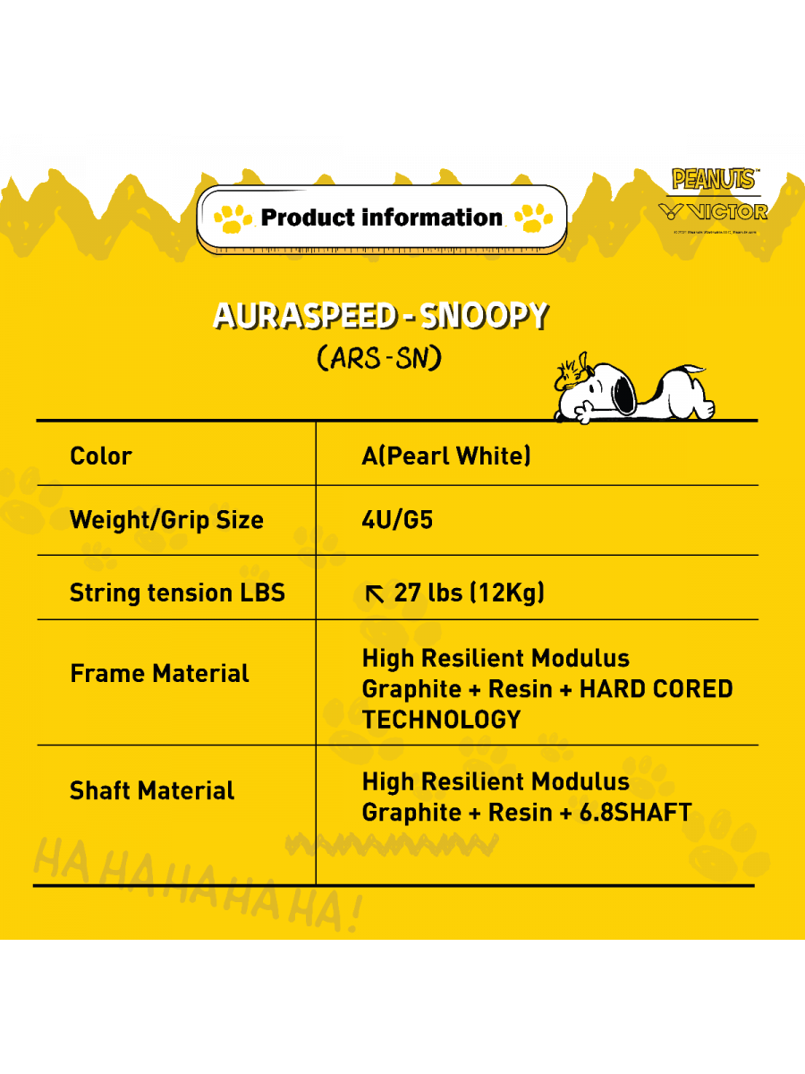Victor Auraspeed SN white, unstrung Peanuts racket, professional level racket, high resilience graphite, Nano resin shaft, hard cored technology, 4U G5 racket, customizable string tension, clean white design, stylish performance racket, badminton for intermediate players, speed and power racket, lightweight racket for agility, Victor ARS SN series, limited edition badminton gear