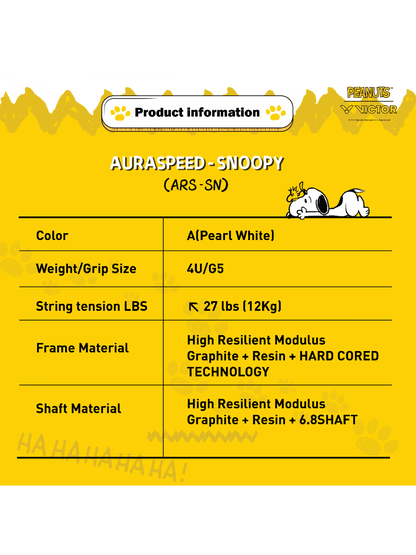 Victor Auraspeed SN white, unstrung Peanuts racket, professional level racket, high resilience graphite, Nano resin shaft, hard cored technology, 4U G5 racket, customizable string tension, clean white design, stylish performance racket, badminton for intermediate players, speed and power racket, lightweight racket for agility, Victor ARS SN series, limited edition badminton gear