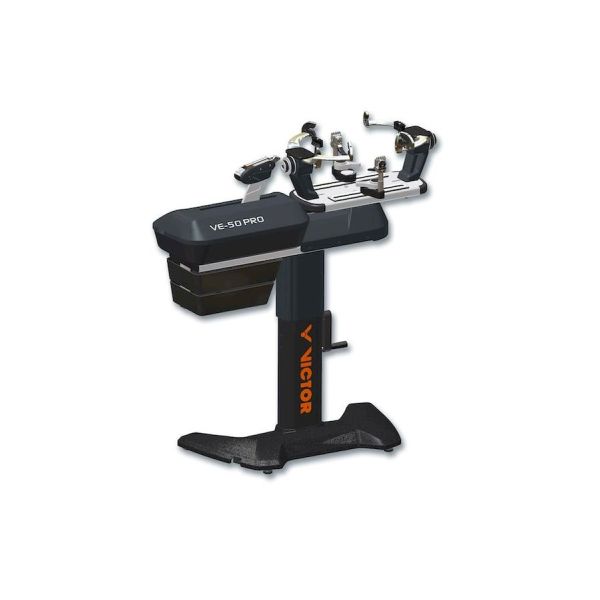 professional stringing machine, Victor VE‑50, badminton & tennis stringer, electronic stringing, linear pull tension system, stainless steel clamps, adjustable tension (11‑88 lbs), racket stringing tool, machine for stringing shop, pro stringing equipment, durable stringing machine, USA/Taiwan made, powered stringing stand, reliable tension control, club level stringer